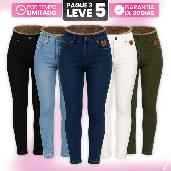 [Leve 5, Pague Só 3] Kit de Calças Femininas Skinny Liana de Cintura Alta em Veludo com Poliéster, Elastano & Spandex